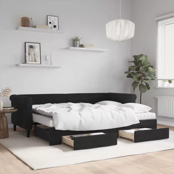 fekete kihúzható bársony heverő fiókkal 80 x 200 cm