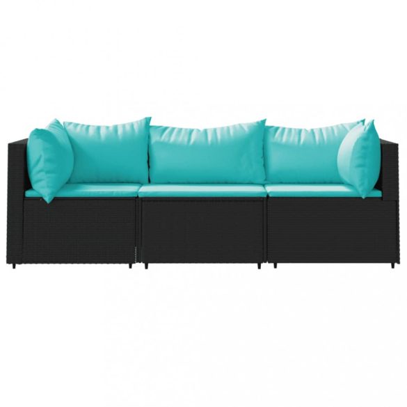 3 részes fekete polyrattan kerti ülőgarnitúra párnákkal