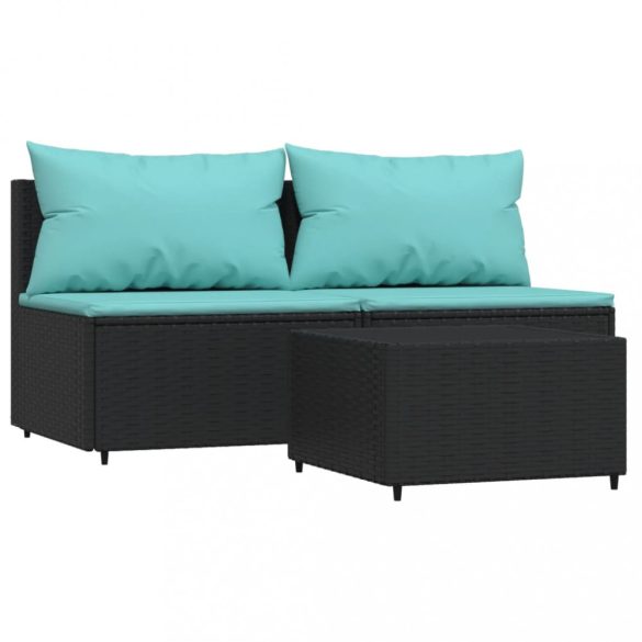 3 részes fekete polyrattan kerti ülőgarnitúra párnákkal