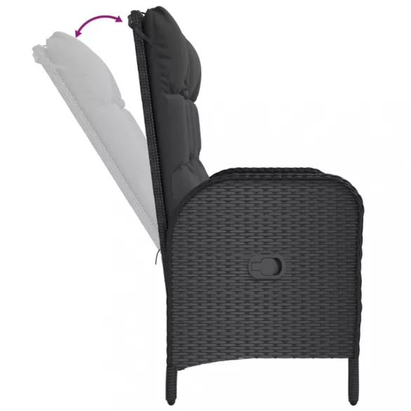 fekete polyrattan dönthető kerti pad párnákkal 107 cm