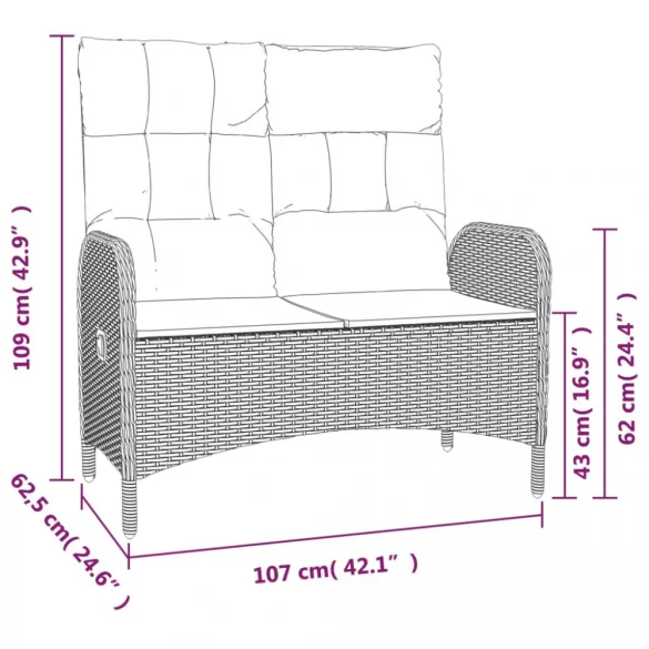 fekete polyrattan dönthető kerti pad párnákkal 107 cm