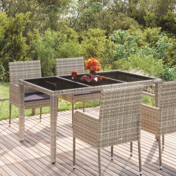 szürke polyrattan üveglapos kerti asztal 150 x 90 x 75 cm