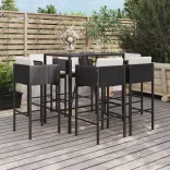 7 részes fekete polyrattan kerti bárszett párnákkal