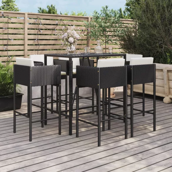 7 részes fekete polyrattan kerti bárszett párnákkal
