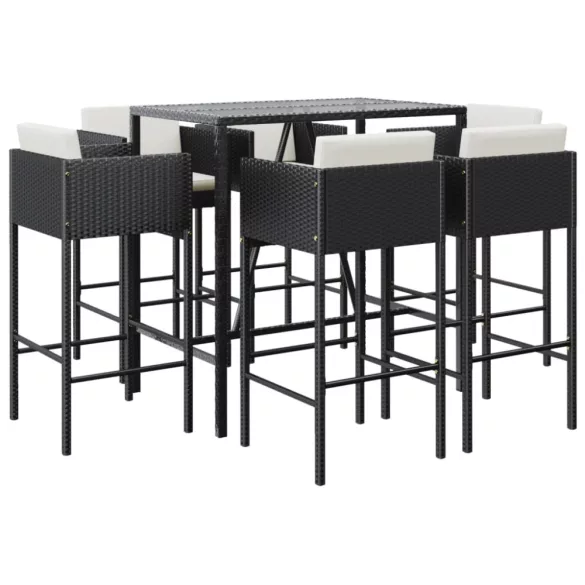 7 részes fekete polyrattan kerti bárszett párnákkal
