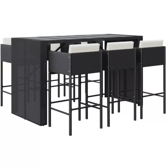 7 részes fekete polyrattan kerti bárszett párnákkal