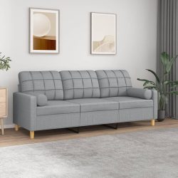   3 személyes világosszürke szövet kanapé díszpárnákkal 180 cm