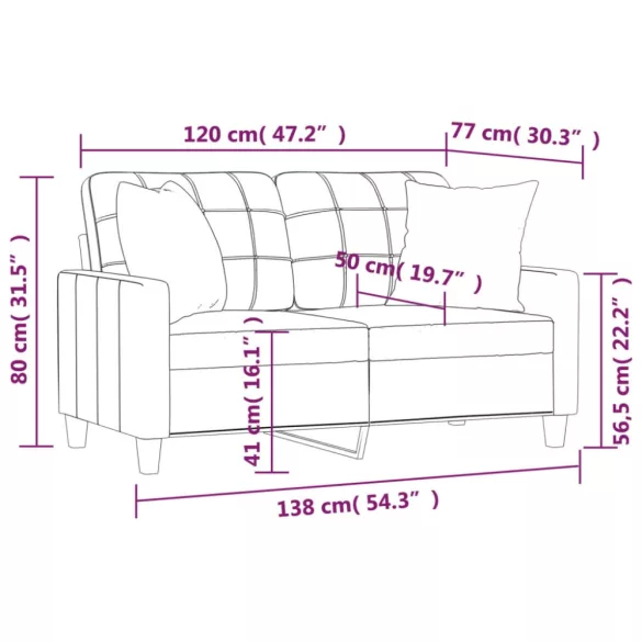 2 személyes cappuccino színű műbőr kanapé díszpárnákkal 120 cm