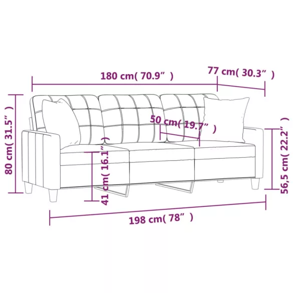 3 személyes fekete műbőr kanapé díszpárnákkal 180 cm