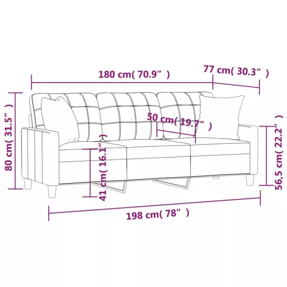3 személyes krémszínű műbőr kanapé díszpárnákkal 180 cm