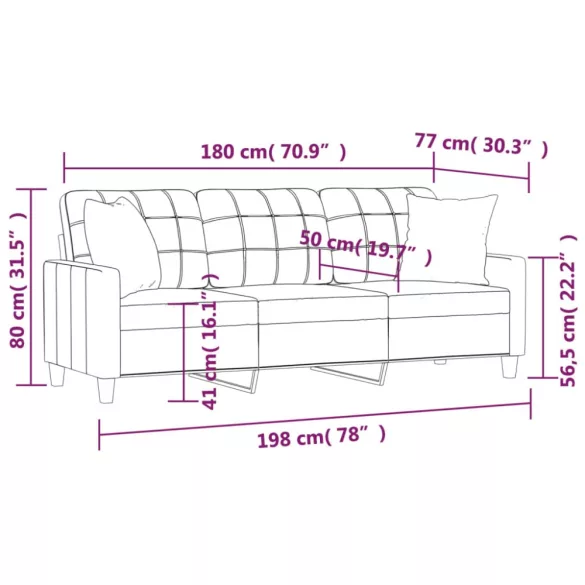 3 személyes cappuccino színű műbőr kanapé díszpárnákkal 180 cm