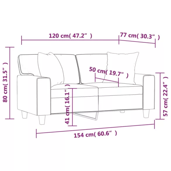 2 személyes fekete műbőr kanapé díszpárnákkal 120 cm