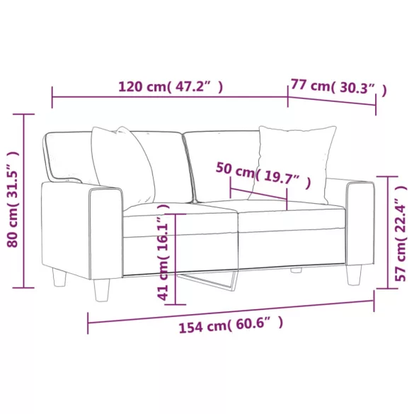2 személyes cappuccino színű műbőr kanapé díszpárnákkal 120 cm