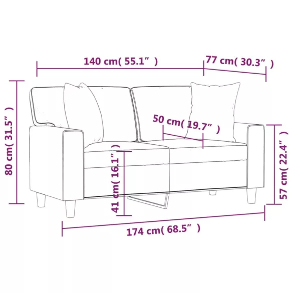 2 személyes fekete műbőr kanapé díszpárnákkal 140 cm