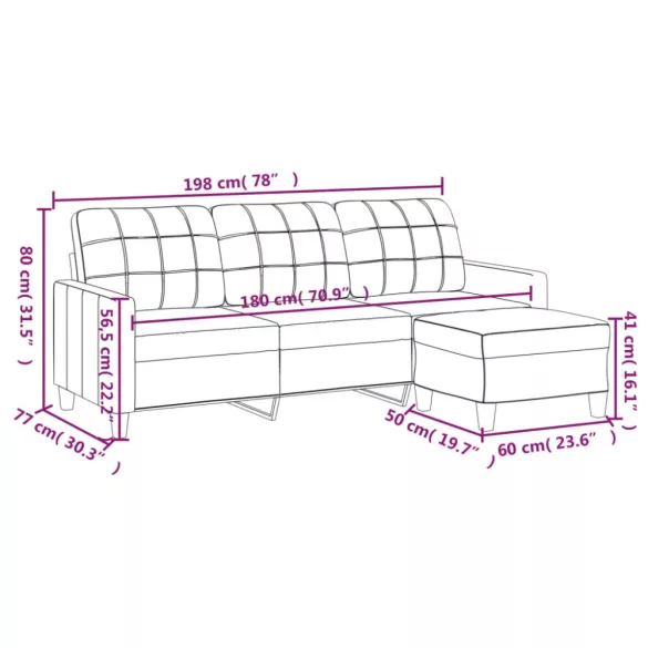 3 személyes bordó műbőr kanapé lábtartóval 180 cm