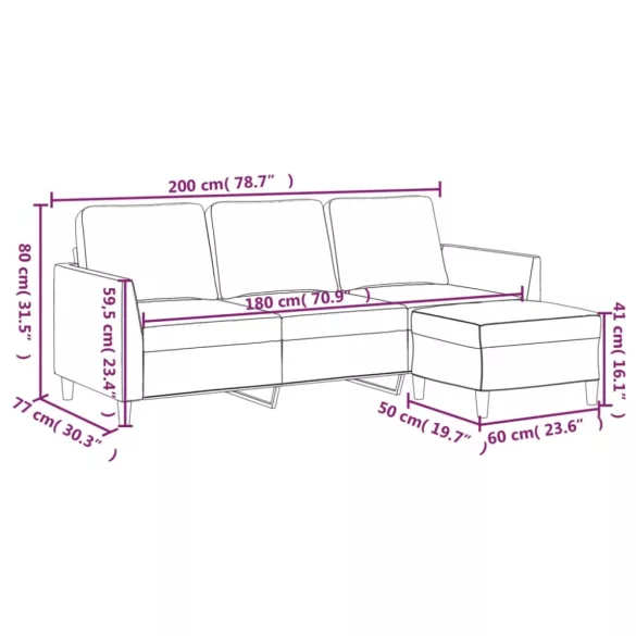 3 személyes kávészínű műbőr kanapé lábtartóval 180 cm