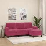 3 személyes bordó bársonykanapé lábtartóval 180 cm