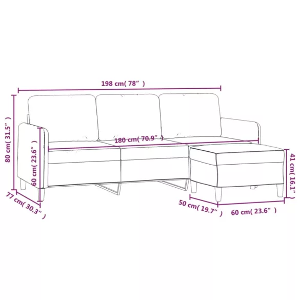 3 személyes barna szövet kanapé lábtartóval 180 cm