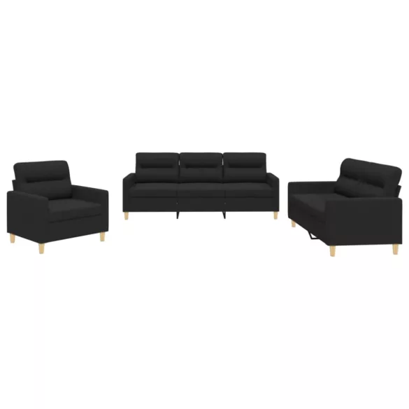 3 részes fekete szövet ülőgarnitúra párnákkal