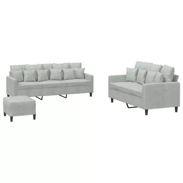 3 részes világosszürke bársony ülőgarnitúra párnákkal