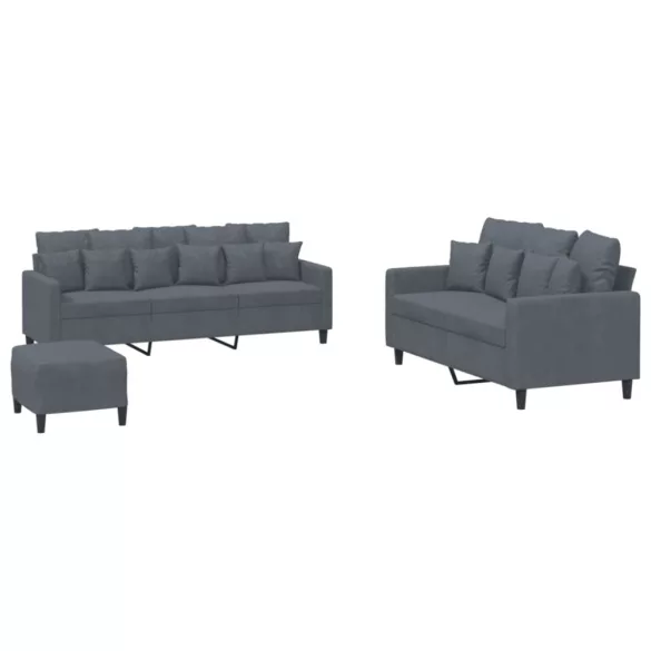 3 részes sötétszürke bársony ülőgarnitúra párnákkal