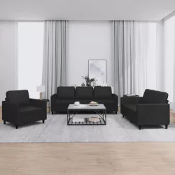 3 részes fekete műbőr ülőgarnitúra párnákkal