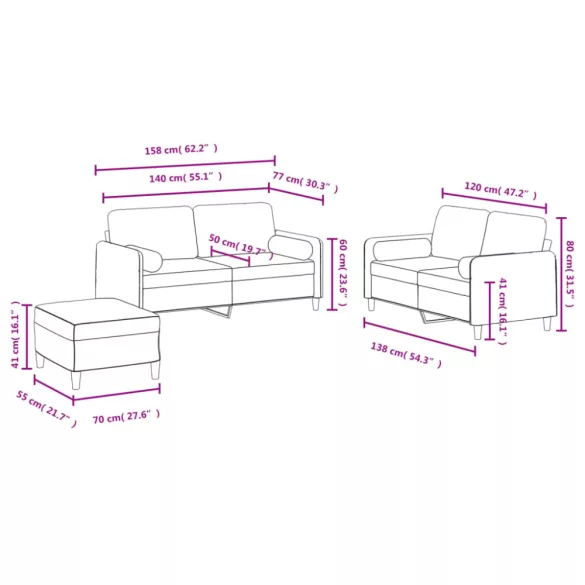 3 részes kék bársony ülőgarnitúra párnákkal