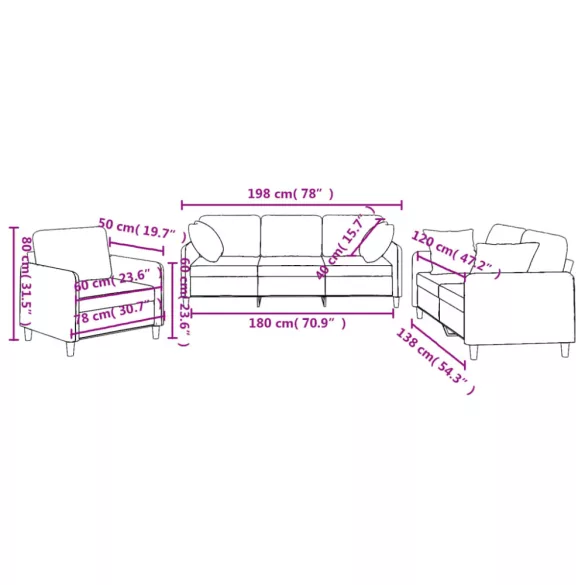 3 részes világosszürke szövet ülőgarnitúra párnákkal