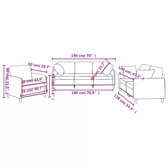 3 részes fekete szövet ülőgarnitúra párnákkal