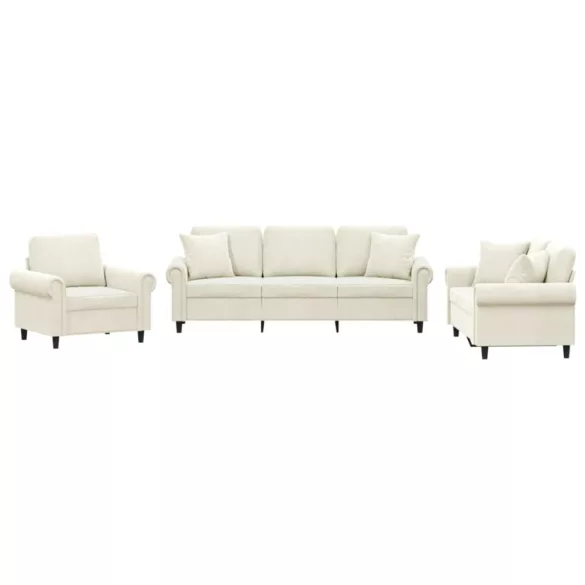 3 részes krémszínű bársony ülőgarnitúra párnákkal