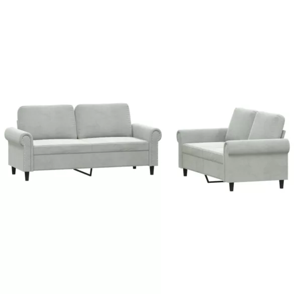 2 részes világosszürke bársony ülőgarnitúra párnákkal