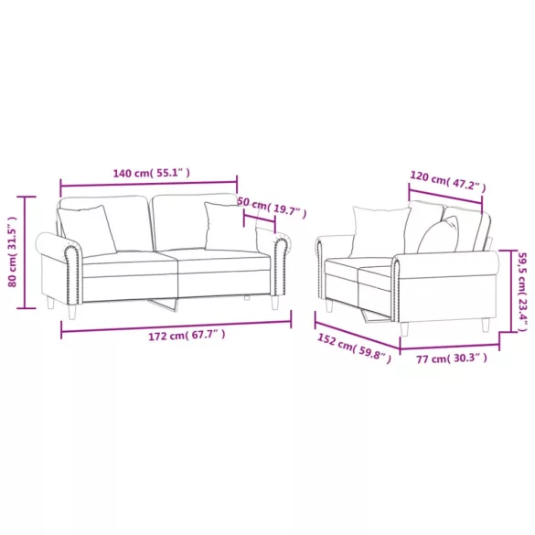 2 részes világosszürke bársony ülőgarnitúra párnákkal