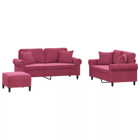 3 részes bordó bársony ülőgarnitúra párnákkal