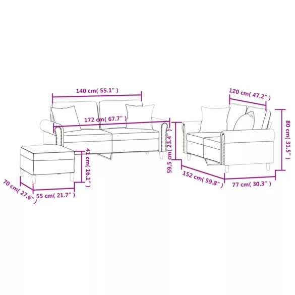 3 részes fekete bársony ülőgarnitúra párnákkal