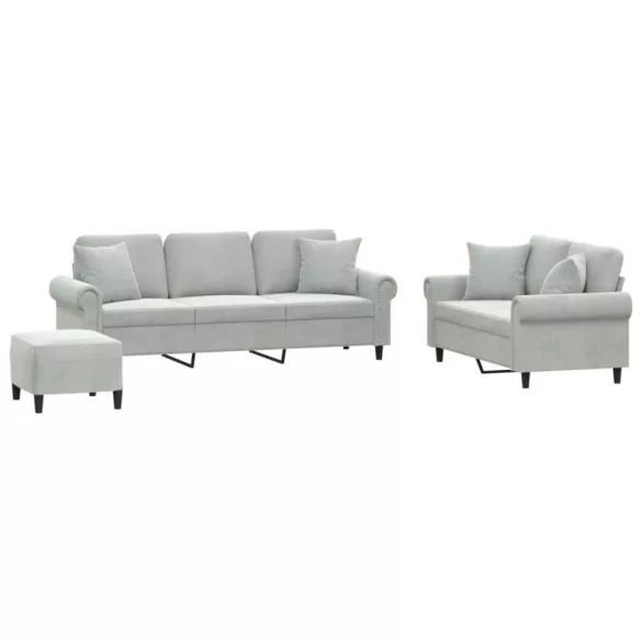 3 részes világosszürke bársony ülőgarnitúra párnákkal