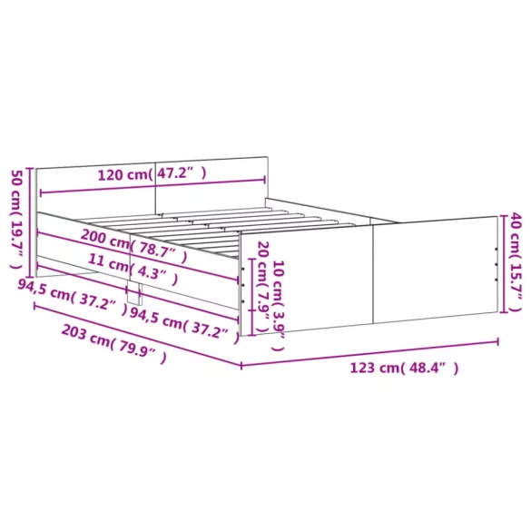 barna tölgyszínű fém ágykeret fej- és lábtámlával 120 x 200 cm
