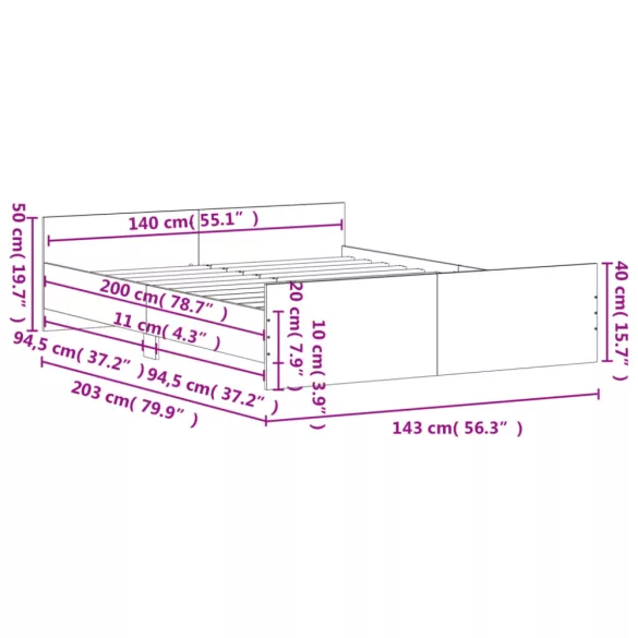 fekete ágykeret fej- és lábtámlával 140 x 200 cm