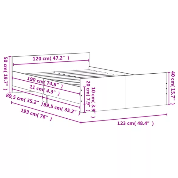 barna tölgyszínű ágykeret fej- és lábtámlával 120 x 190 cm