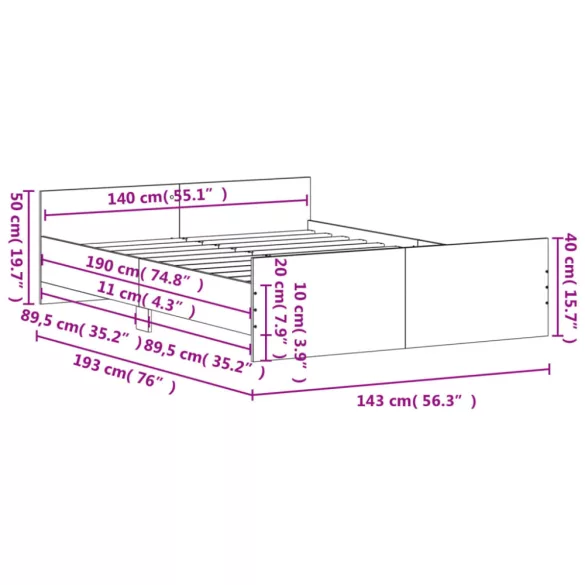 barna tölgy színű ágykeret fej- és lábtámlával 140 x 190 cm