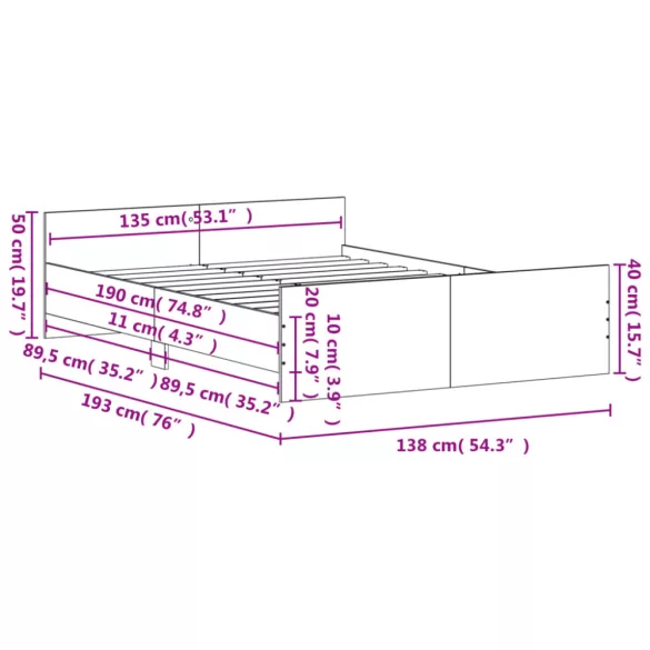 barna tölgyszínű ágykeret fej- és lábtámlával 135 x 200 cm