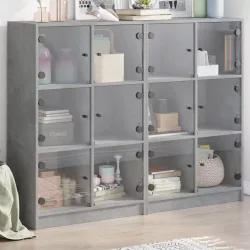   betonszürke szerelt fa könyvespolc ajtókkal 136 x 37 x 109 cm
