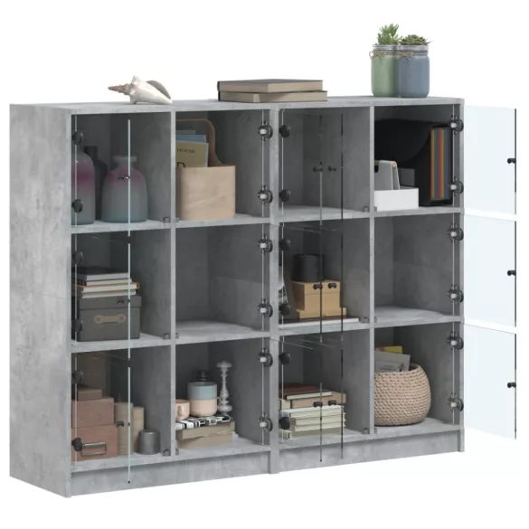 betonszürke szerelt fa könyvespolc ajtókkal 136 x 37 x 109 cm