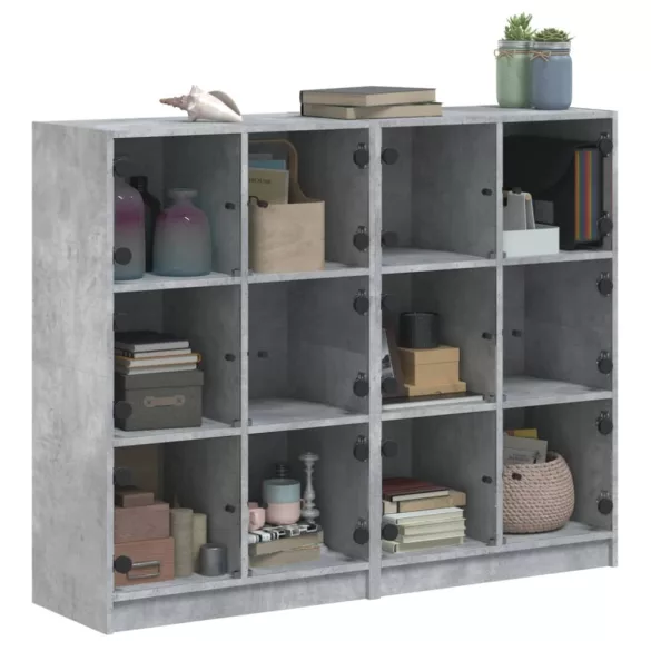 betonszürke szerelt fa könyvespolc ajtókkal 136 x 37 x 109 cm