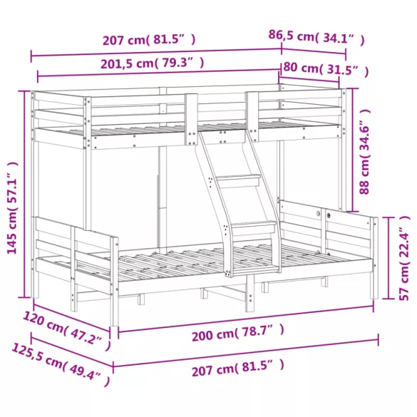 tömör fenyőfa emeletes ágy 80x200/120x200 cm