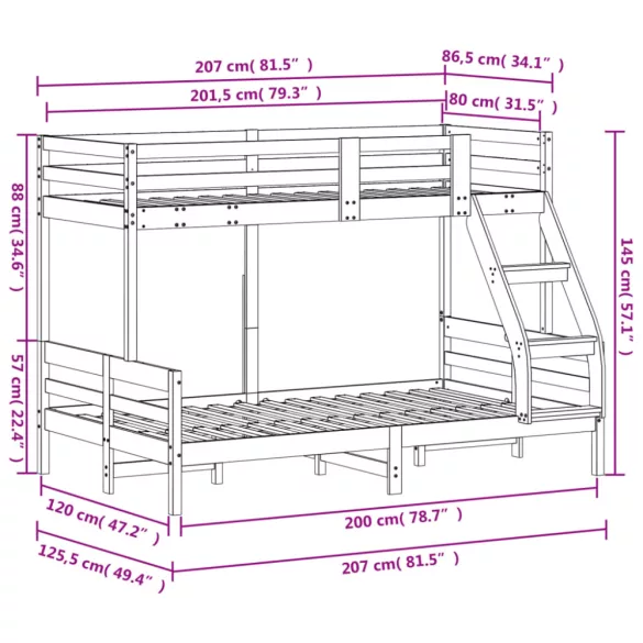 tömör fenyőfa emeletes ágy 80x200/120x200 cm