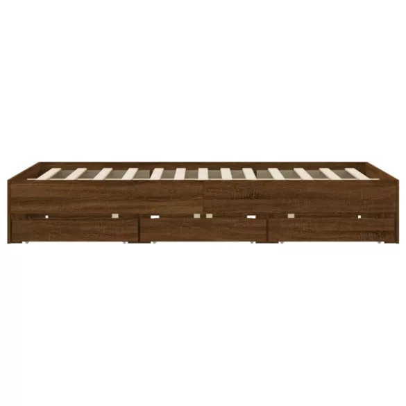 barna tölgyszínű szerelt fa ágykeret fiókokkal 150 x 200 cm