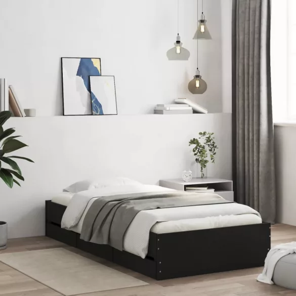 fekete szerelt fa ágykeret fiókokkal 75x190 cm