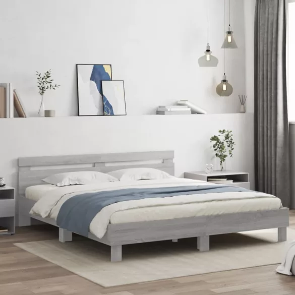 szürke sonoma színű ágykeret fejtámlával és LED-del 200x200 cm