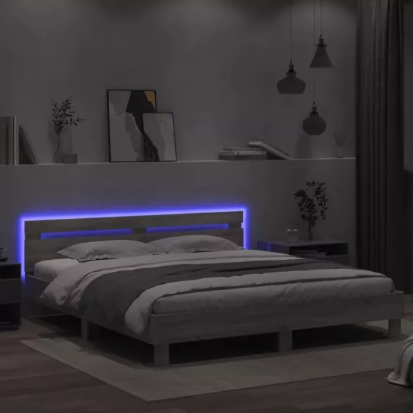 szürke sonoma színű ágykeret fejtámlával és LED-del 200x200 cm