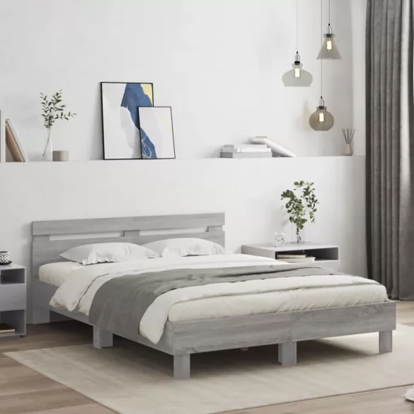 szürke sonoma színű ágykeret fejtámlával és LED-del 150x200 cm